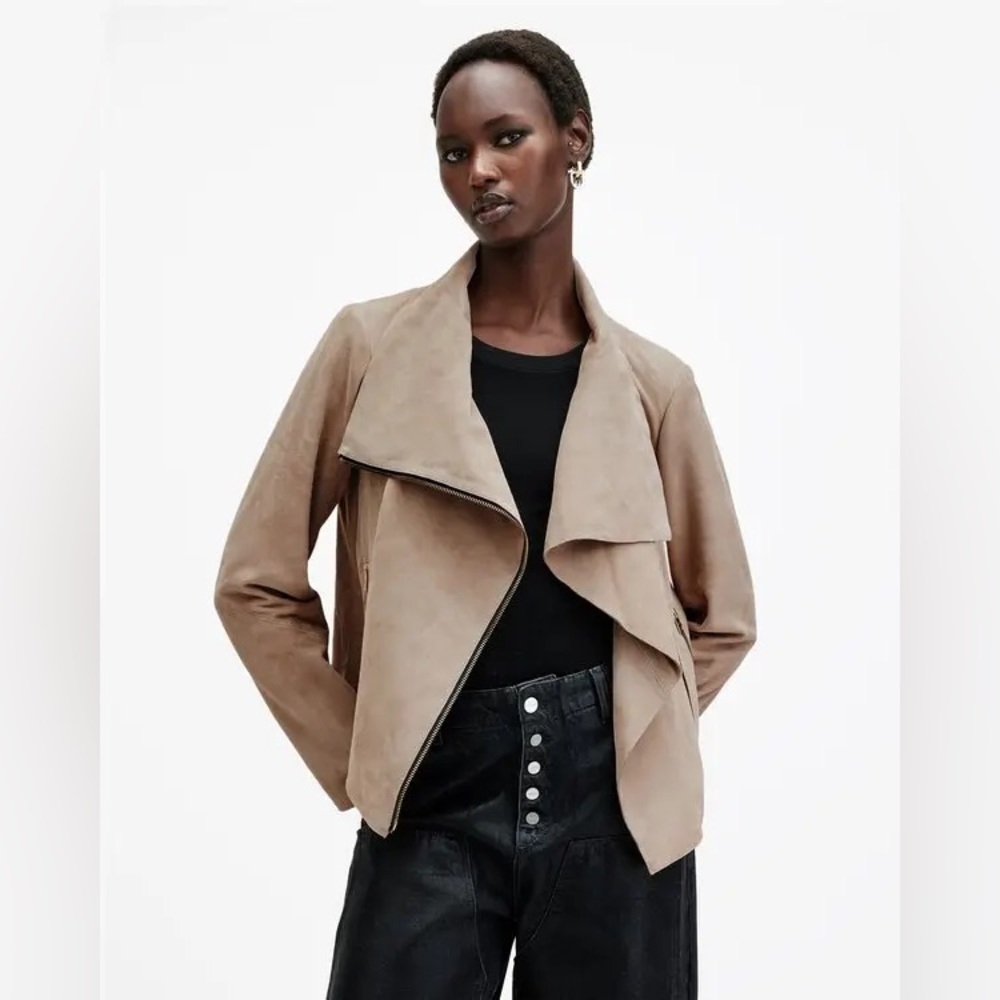 All Saints Designer Beige Freya Suede Jacket with Silver Zipper Women’s Size 00